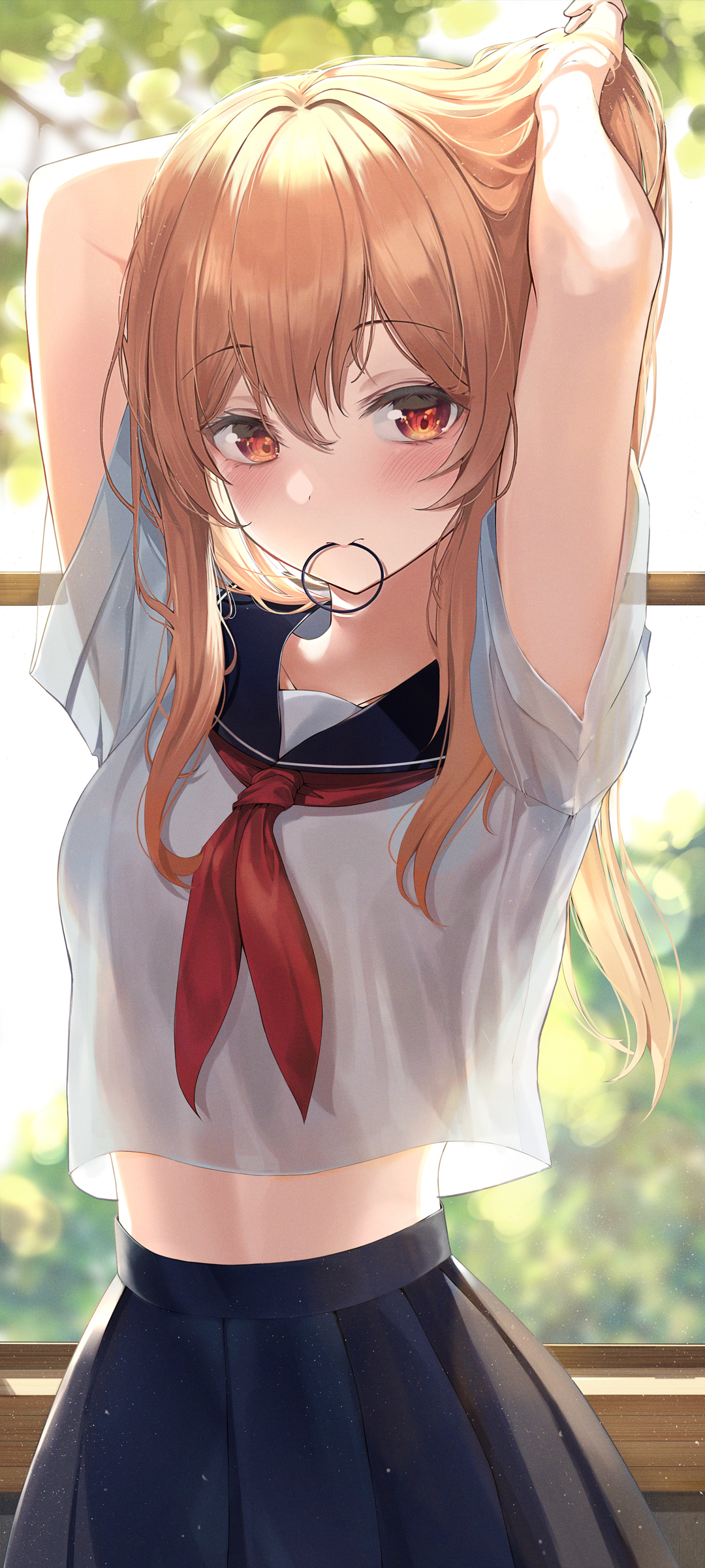 水手服动漫女孩绑发造型，全屏手机壁纸免费下载