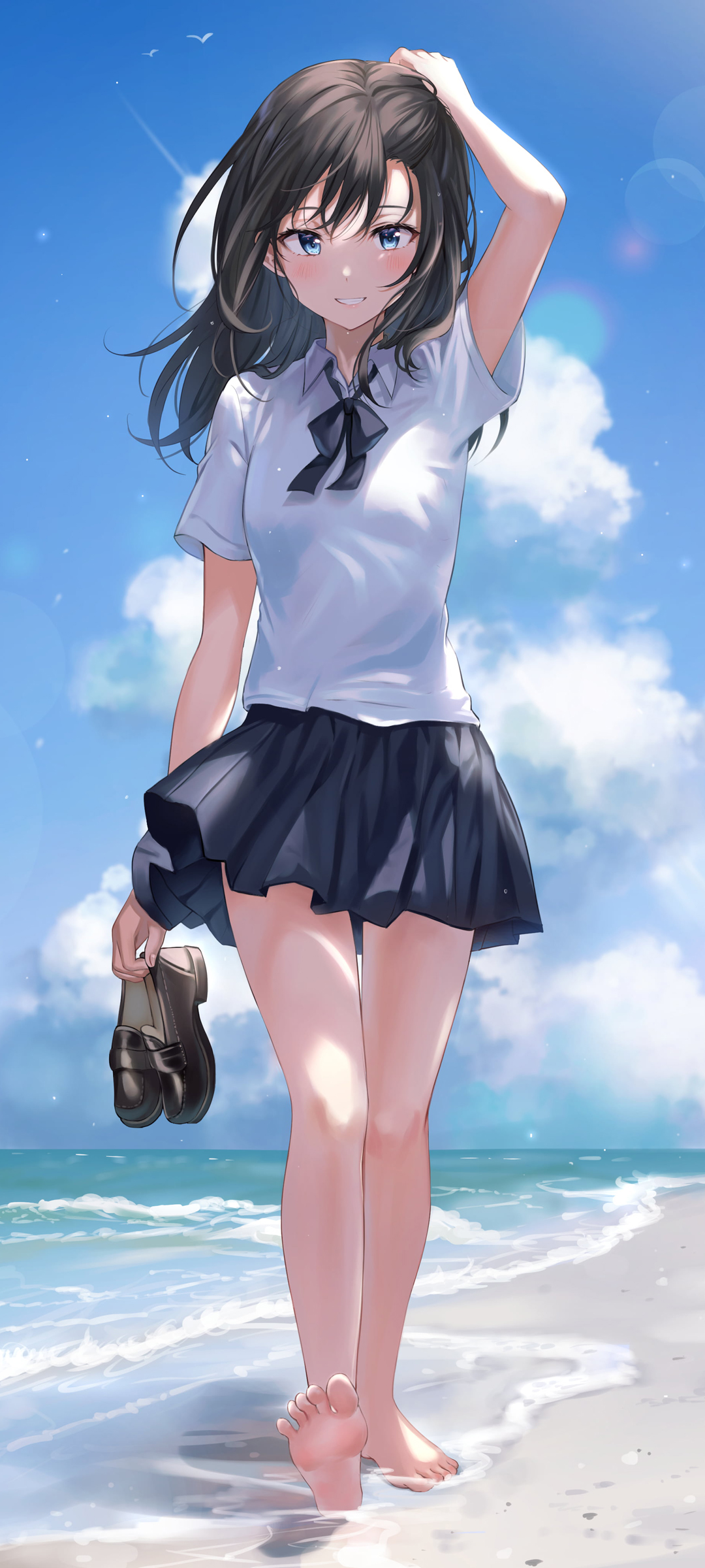 赤足漫步海边，黑裙倩影动漫女神，免费下载绝美手机壁纸