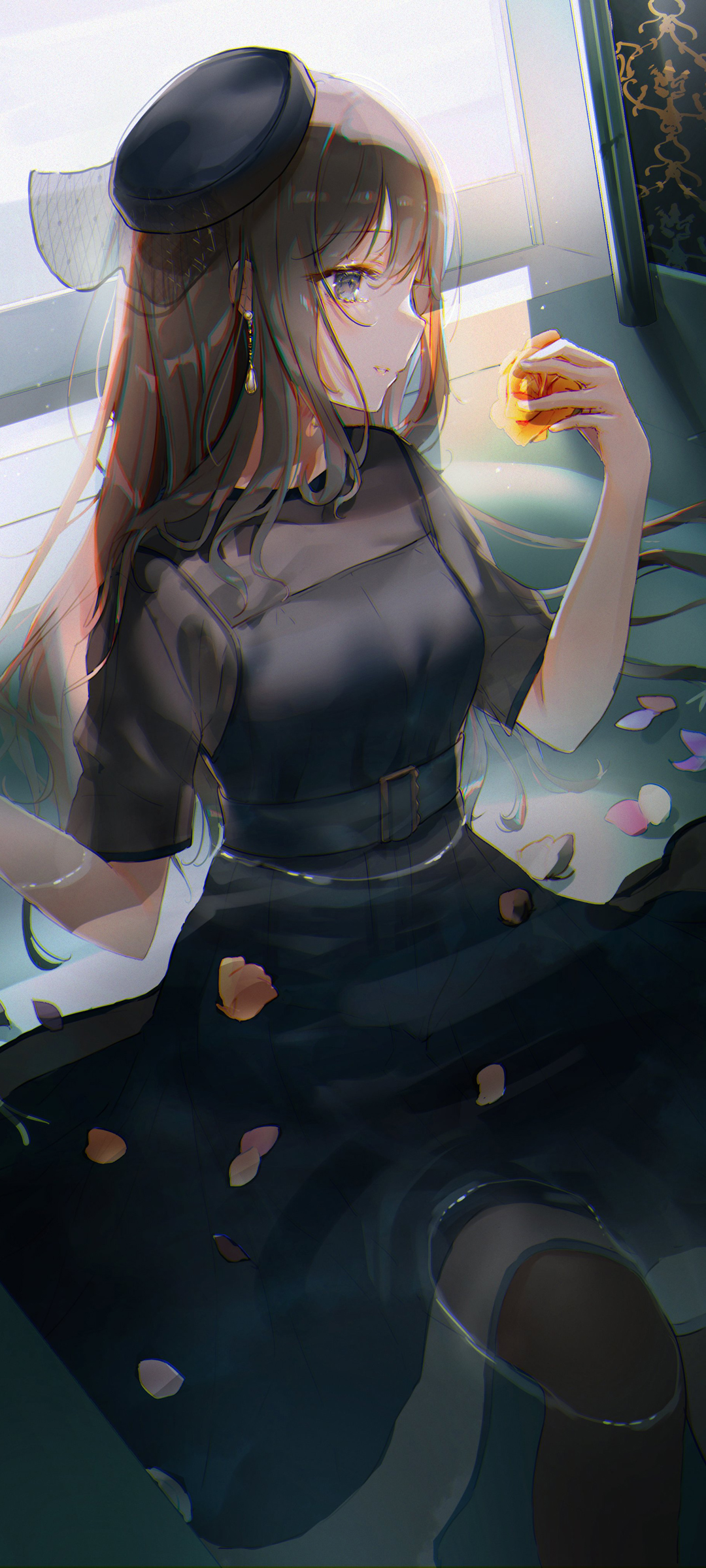 动漫女孩浴中倩影，黑裙映花瓣，全面屏壁纸免费下载