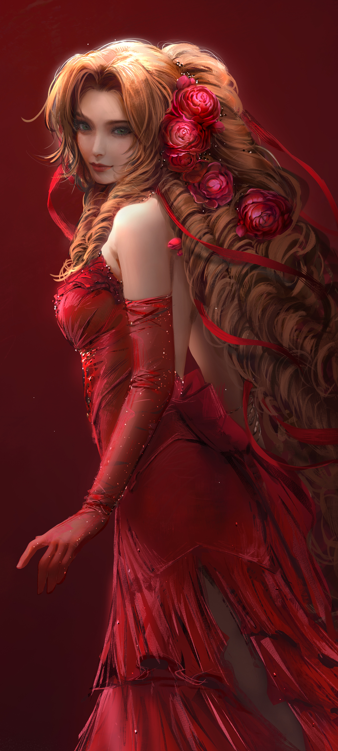 免费下载！绝美红裙美女动漫厚涂画，全屏高清手机壁纸