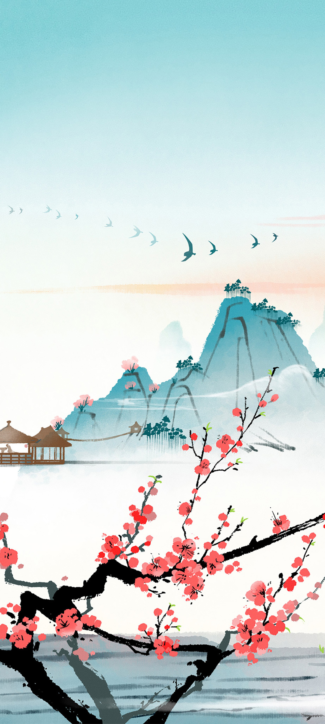 中国风手绘梅花山景，绝美手机壁纸免费下载