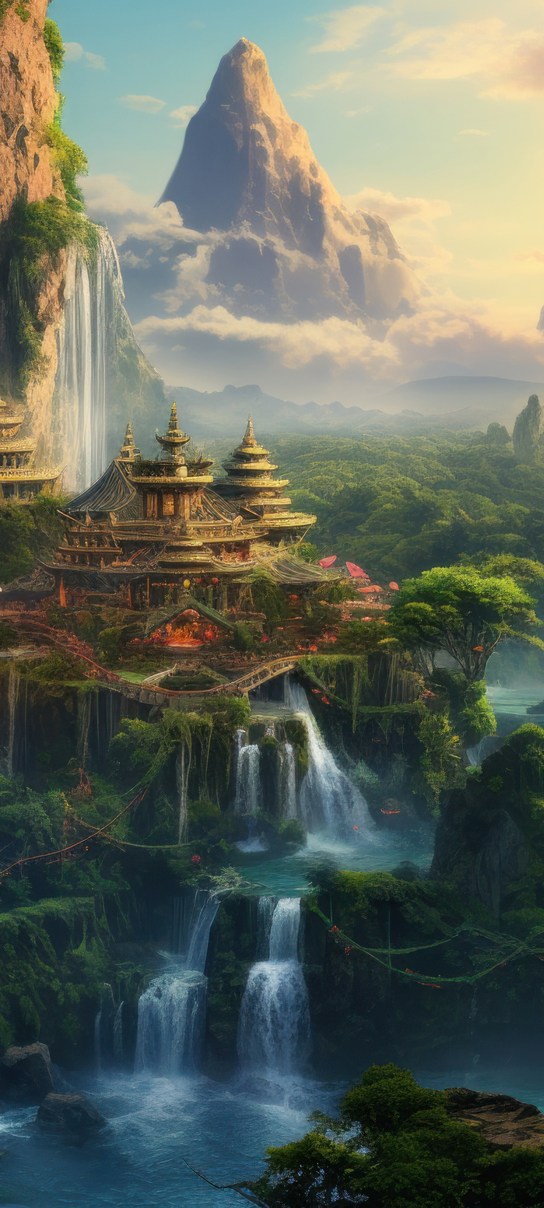 梦幻高山寺庙瀑布美景，免费手机壁纸下载，绝美风景尽在指尖