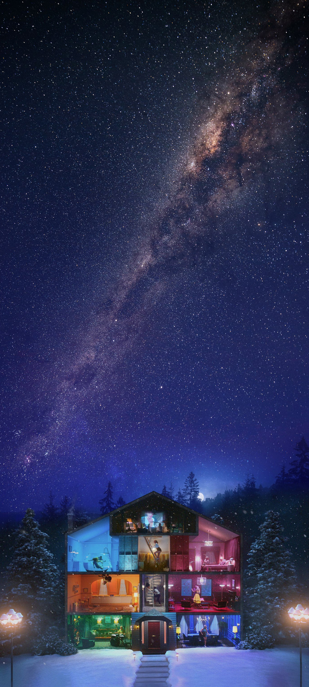星空之夜，星星闪烁的房子与树林，雪地美景全屏手机桌面壁纸免费下载