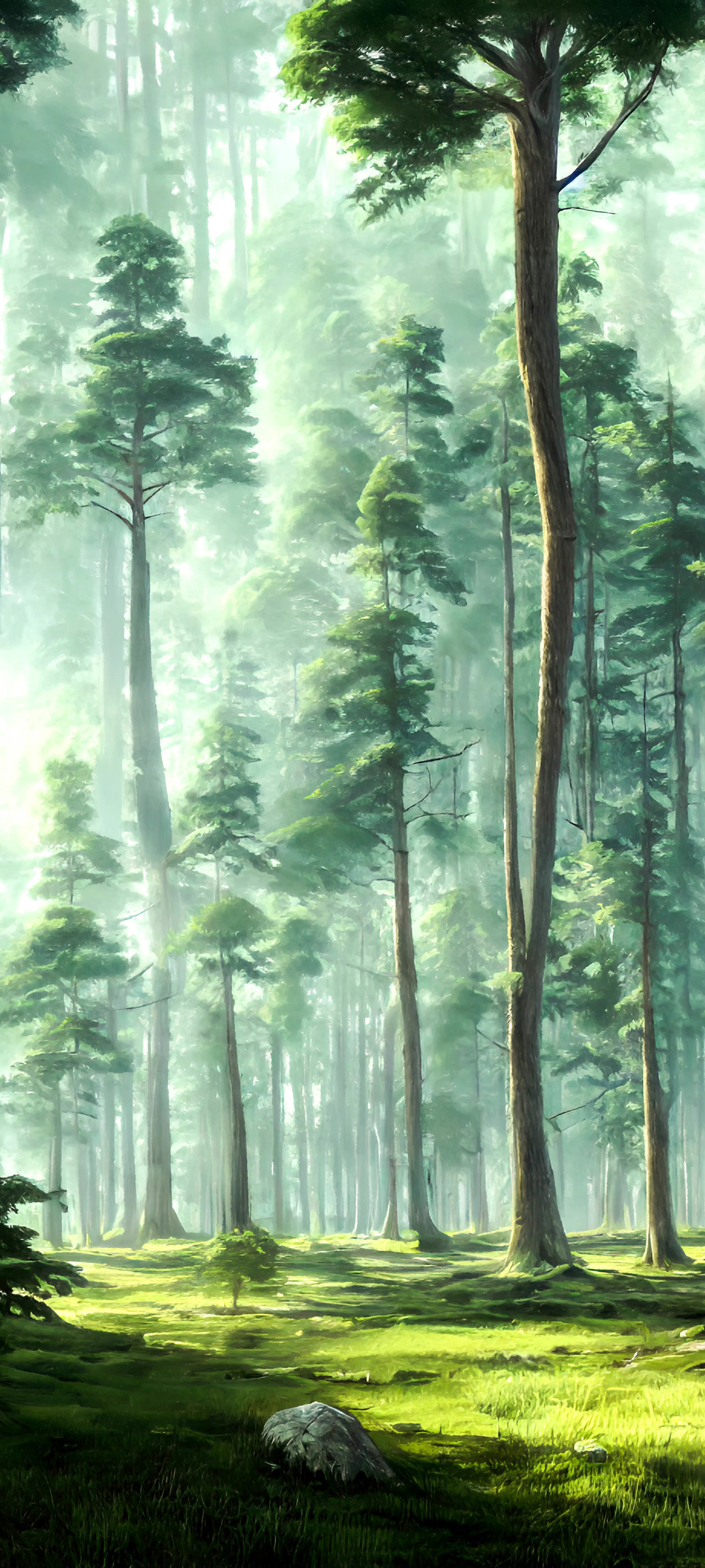 手绘绿色森林风景壁纸，全屏树木美景，免费手机壁纸下载