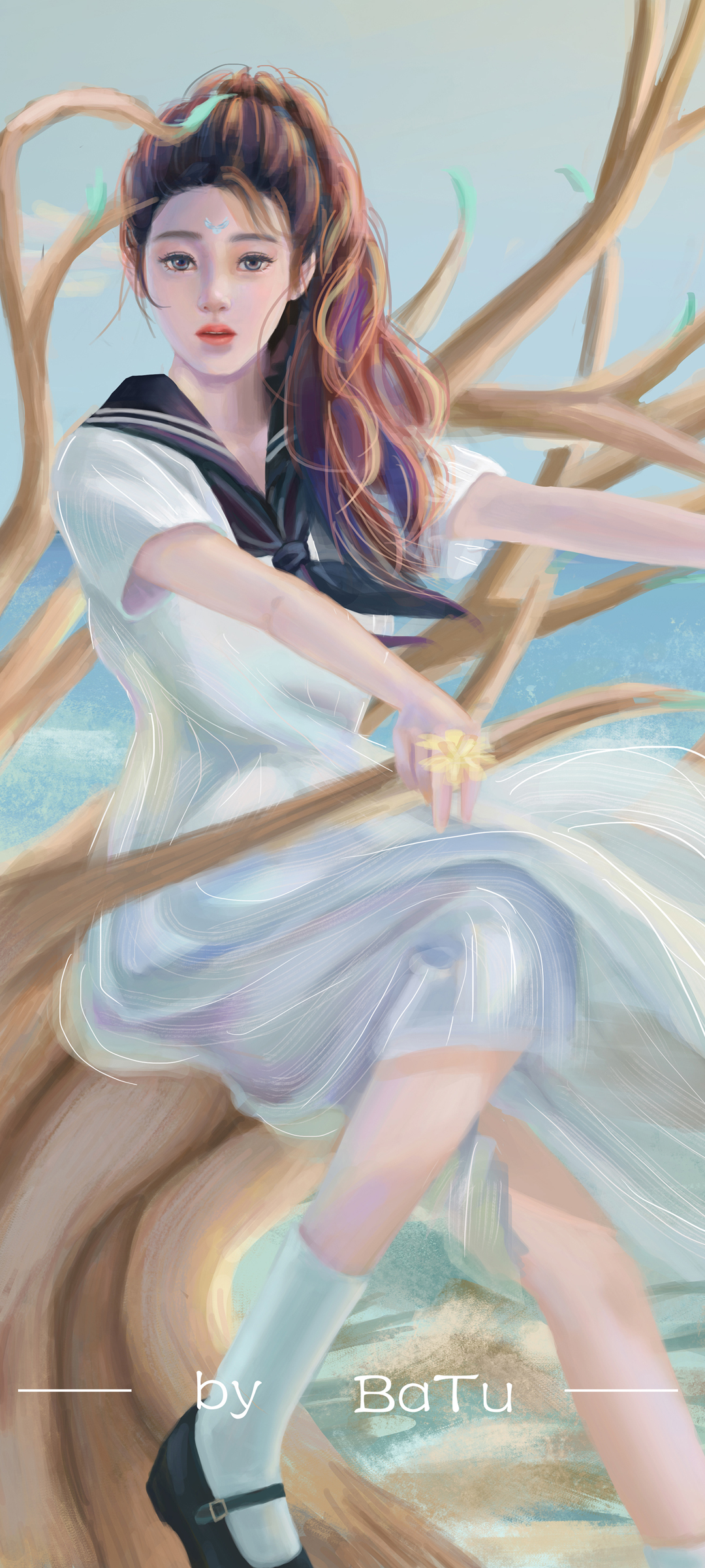 巴图BaTu原创，海边树影下的水手服女孩，高清动漫手机壁纸，免费下载！