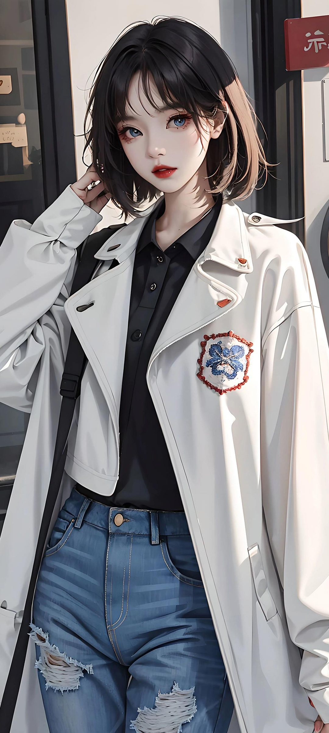 免费下载短发动漫美女白色外套牛仔长裤手机壁纸，精选动漫风格壁纸任你选