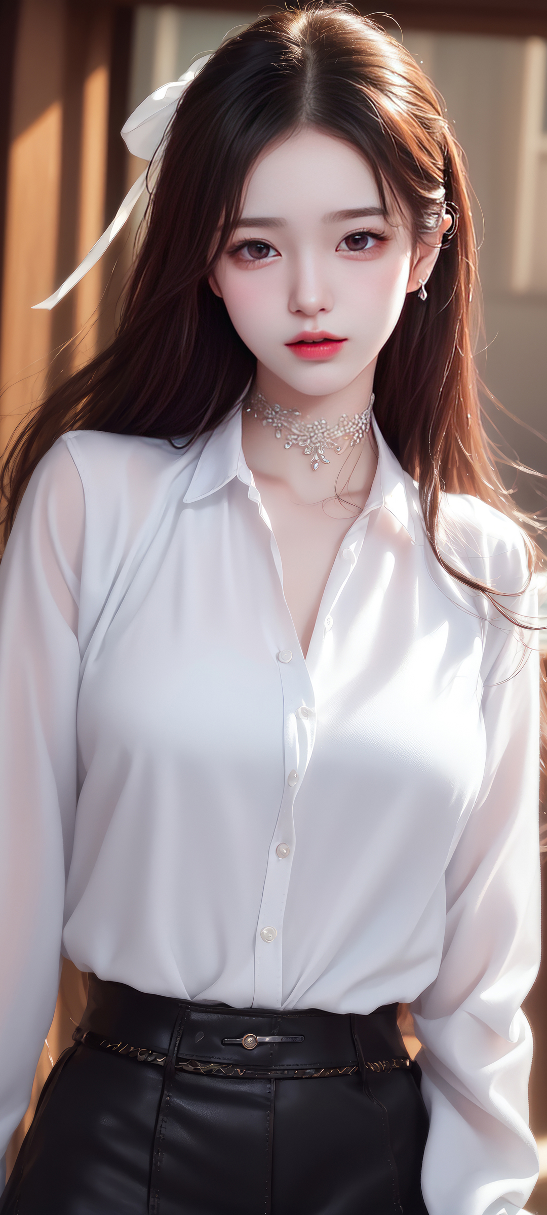 高清动漫手机壁纸，长发美女穿白色衬衫，AI绘画风格，免费下载