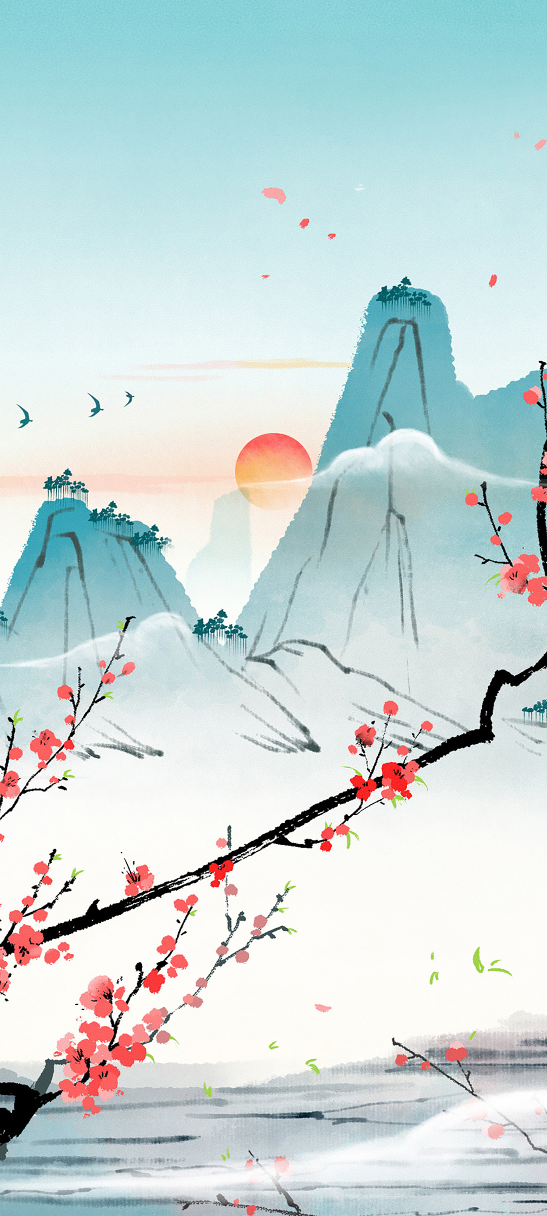 中国风手绘日出山景梅花，全屏手机壁纸，免费下载尽享自然之美