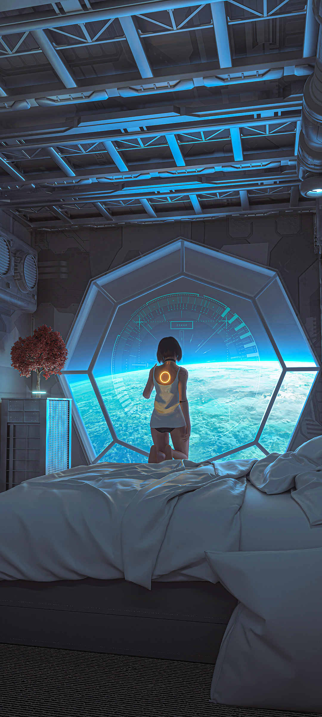 未来科幻机舱，太空梦幻床畔，女孩与全屏动漫壁纸，免费下载畅享！
