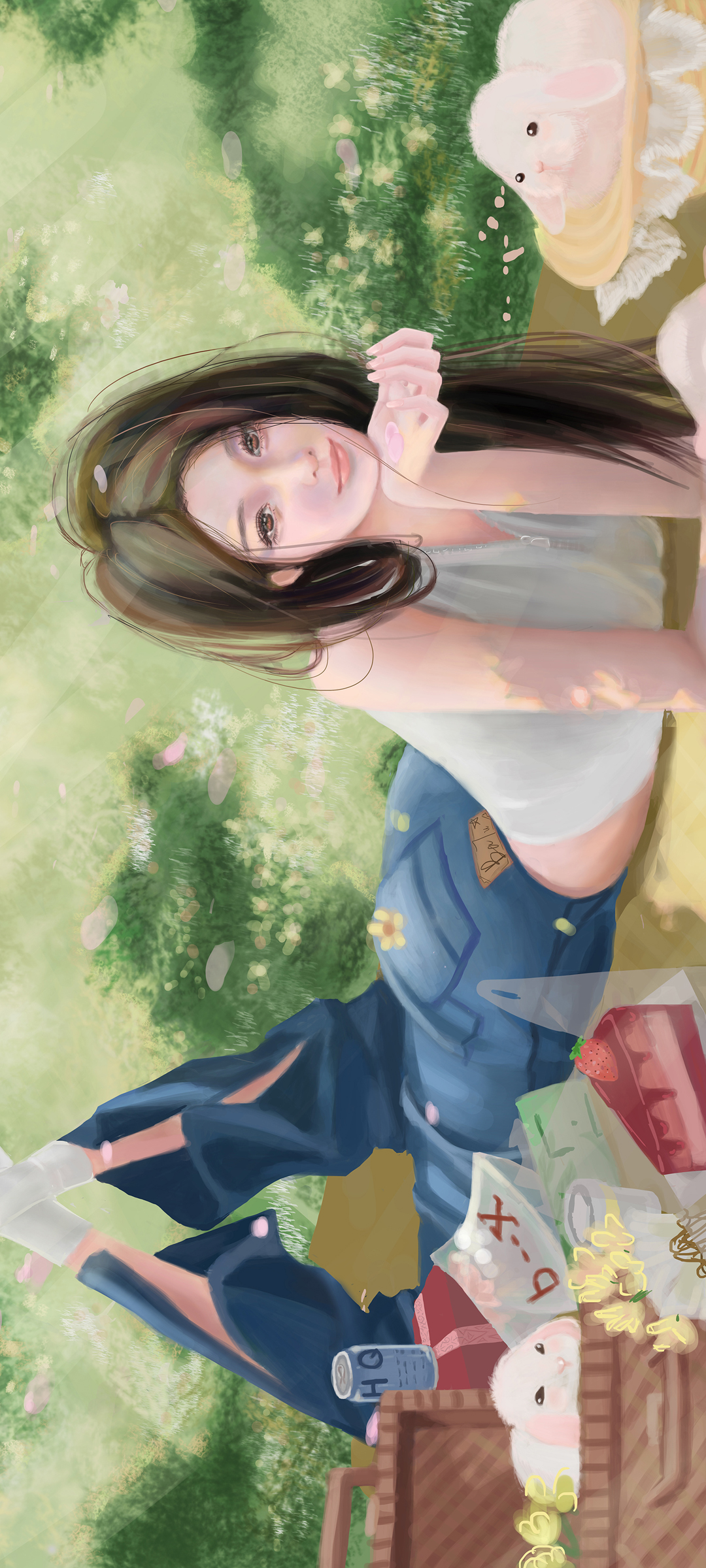 巴图BaTu原创，草地野餐女孩厚涂动漫，免费手机壁纸下载