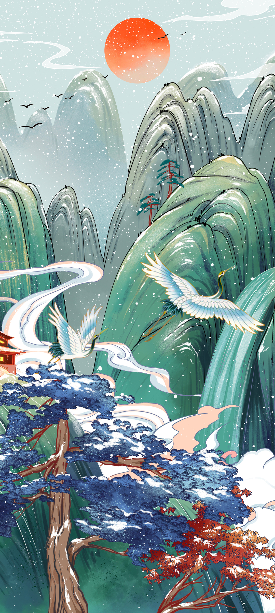 国风山水雪景，雪山仙鹤树，唯美手机壁纸免费下载