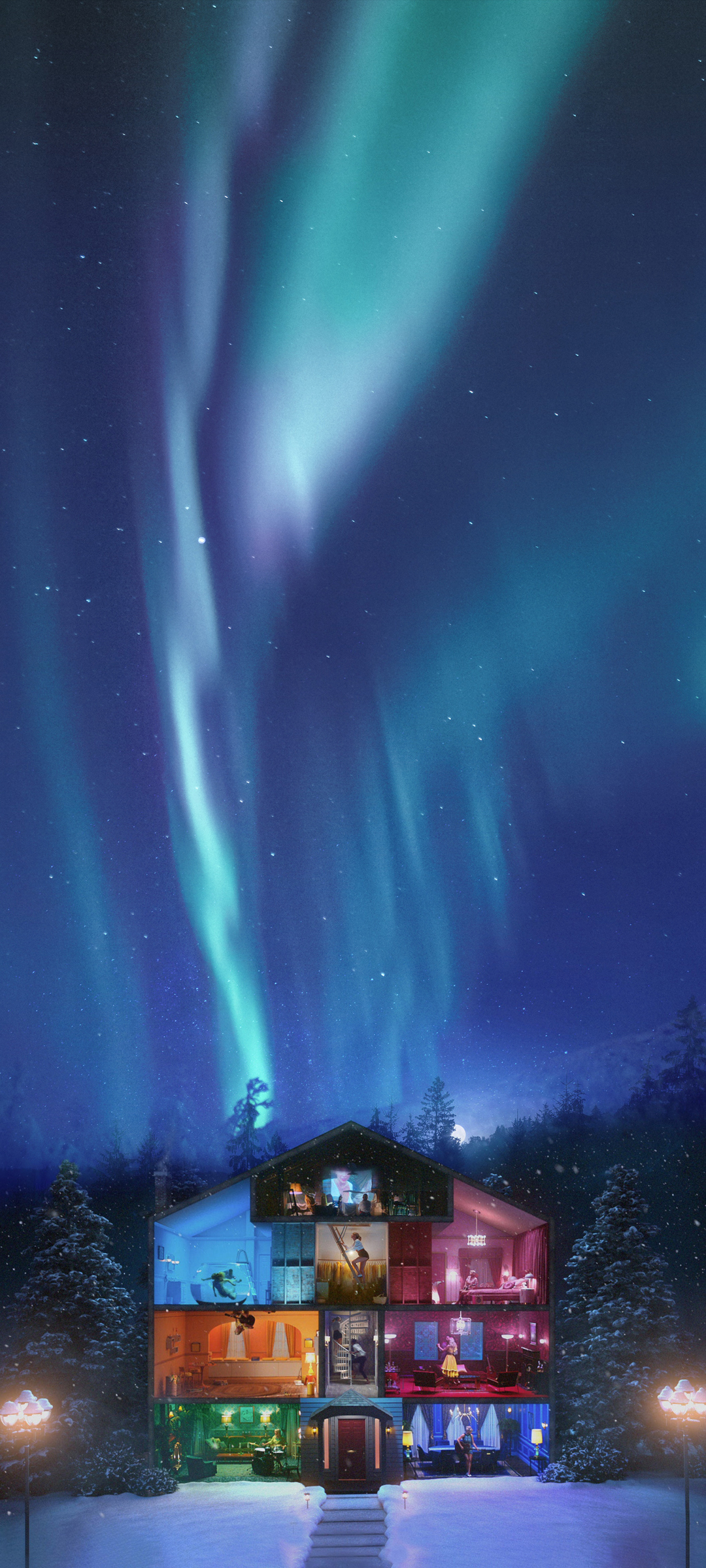 免费下载绝美手机壁纸，极光星空下的雪地树林与夜晚房子风景