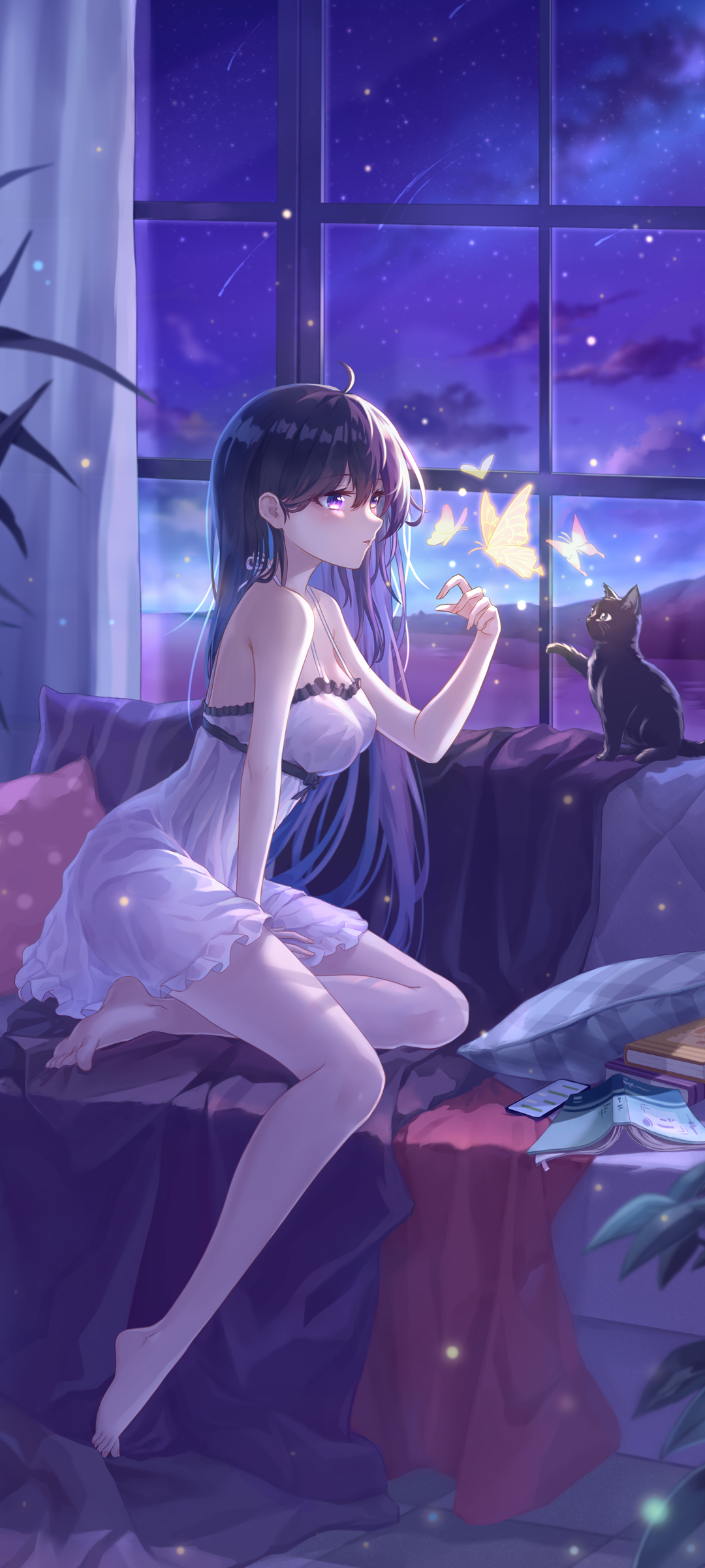 少女与猫共舞，蝴蝶翩翩，夜空璀璨——免费高清动漫手机壁纸下载