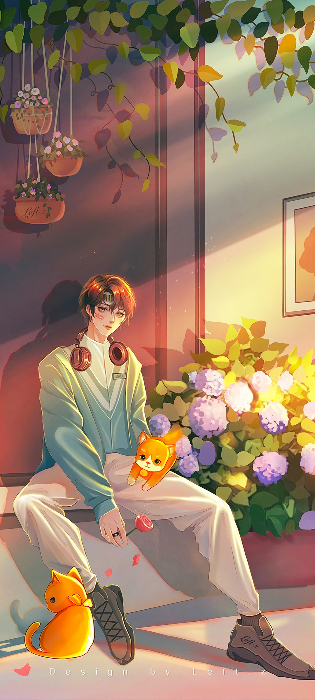 男孩与猫，鲜花相伴，精选情侣手机壁纸，免费下载！