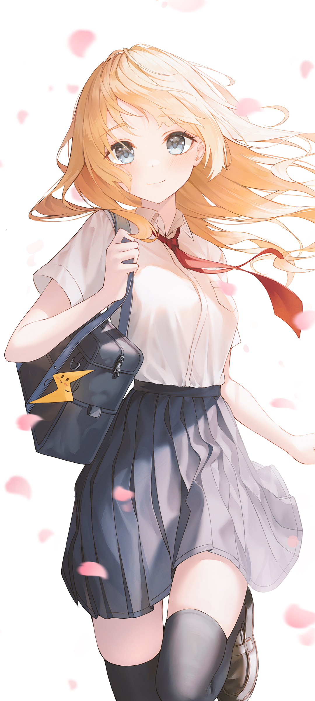 动漫美女手机壁纸，女学生长发白衣百褶裙，黑裤袜加持，可爱又免费！