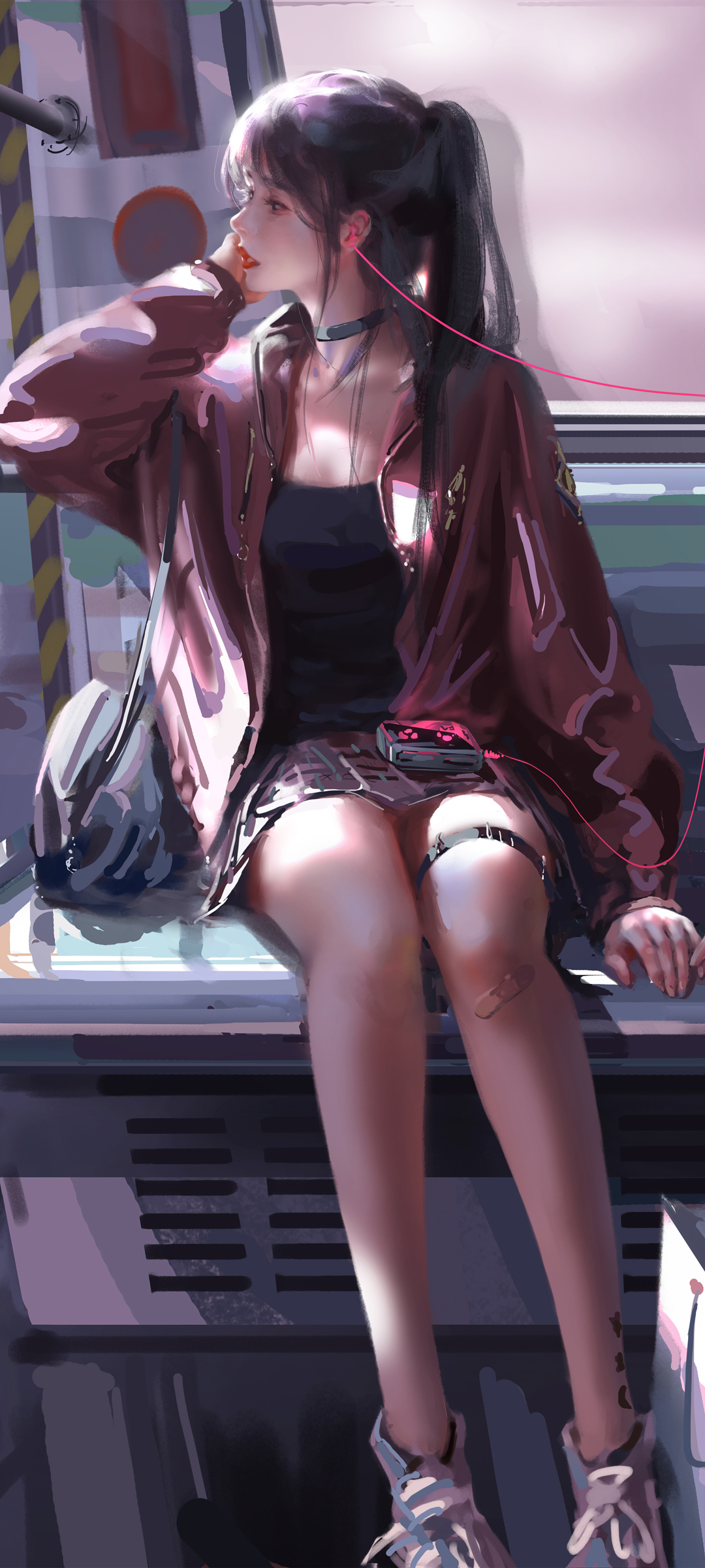 可爱马尾辫女孩，畅享音乐时光，高清厚涂鬼刀手机壁纸免费下载