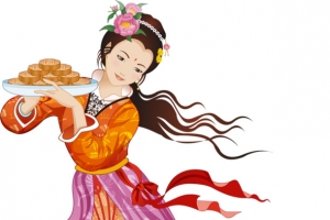 中秋节名族姑娘端着月饼