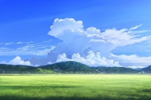 4k 手绘 风景 天空 云 山 绿色草地 高清 壁纸