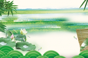 端午节粽子竹叶远山景色绿色背景