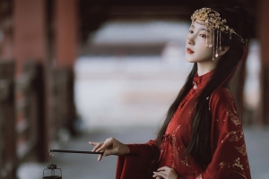 美女 古风 红色 4k高清壁纸