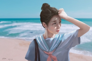 海边 女生 动漫风景 人头像4k壁纸
