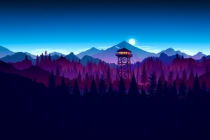 Firewatch Mod Night Final 美丽的山,塔,月亮,星星,风景4K高清壁纸