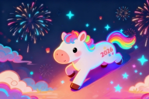 2026快乐小马 彩虹尾巴 奔跑 新年烟花 4k壁纸