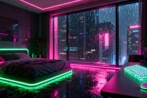 赛博朋克 房间 电脑桌 电脑 机械键盘4k壁纸