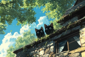 绿色树荫 屋顶 两只小黑猫 4K壁纸 3840x2400