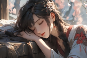 趴着睡着的动漫美女 梅花 国风 绘画 4k壁纸