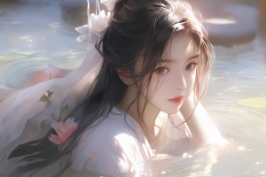 水中古风美女 花 唯美 4K壁纸 3840x2160