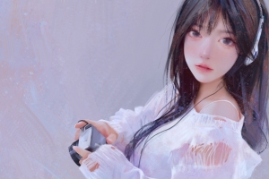 白毛衣 长发少女 听音乐 4k动漫壁纸背景图