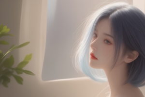 唯美短发女孩 绿色植物 3440x1440带鱼屏壁纸