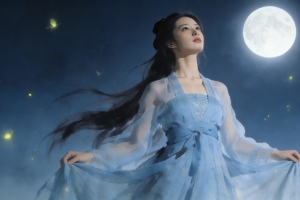 仙气古风美女 水墨风 月亮 4K壁纸