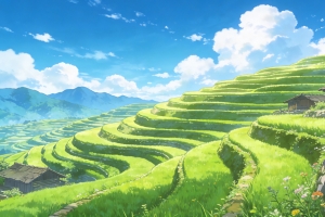 绿色梯田 小木屋 蓝天白云4K风景壁纸3840x2160