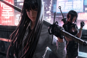 GUWEIZ 战士女孩 长剑 武士刀 帅气美女4k手机壁纸竖屏动漫二次元