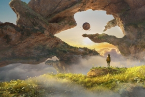 奇幻风景高清壁纸，少女背影草甸岩石奇观 3678x1533宽屏车机平板笔记本免费下载