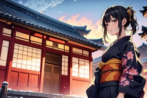 3840x2160 女孩 和服 宝塔 艺术 动漫壁纸 背景