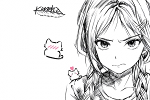 动漫线条人物女孩 小猫 3440x1440带鱼屏壁纸