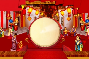 中国古代集市复古新年促销海报背景素材
