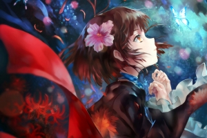 星空,女生,彼岸花,花瓣,蝴蝶,唯美梦幻4K动漫壁纸 3840x2160