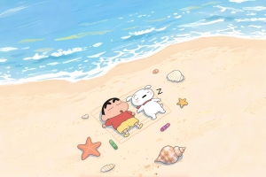 海边 沙滩 蜡笔小新 小狗 4K桌面壁纸 3840x2560