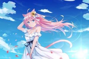 女孩 neko 耳朵 连衣裙 花瓣 动漫 艺术 4k壁纸 3840x2160