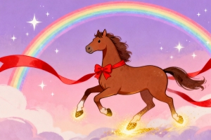 天空 星星 彩虹 马儿奔跑 红色彩带 4k壁纸图片