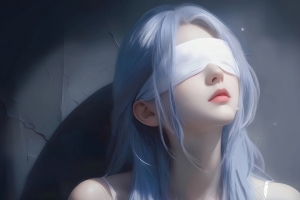 美女白衣服 眼罩 蒙眼 蓝发美女 3440x1440带鱼屏动漫壁纸