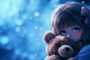 抱着小熊的蓝色眼睛小女孩 3440x1440 4K动漫高清带鱼屏壁纸免费下载