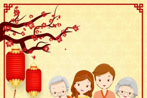 春节矢量手绘梅花一家人幸福家庭灯笼海报