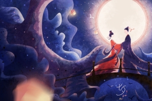七夕节 牛郎织女 手绘 插画3440x1440壁纸