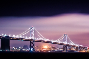 海湾大桥与旧金山摩天大楼城市夜景3440x1440壁纸