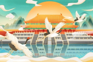 仙鹤国潮手绘插画壁纸中国风